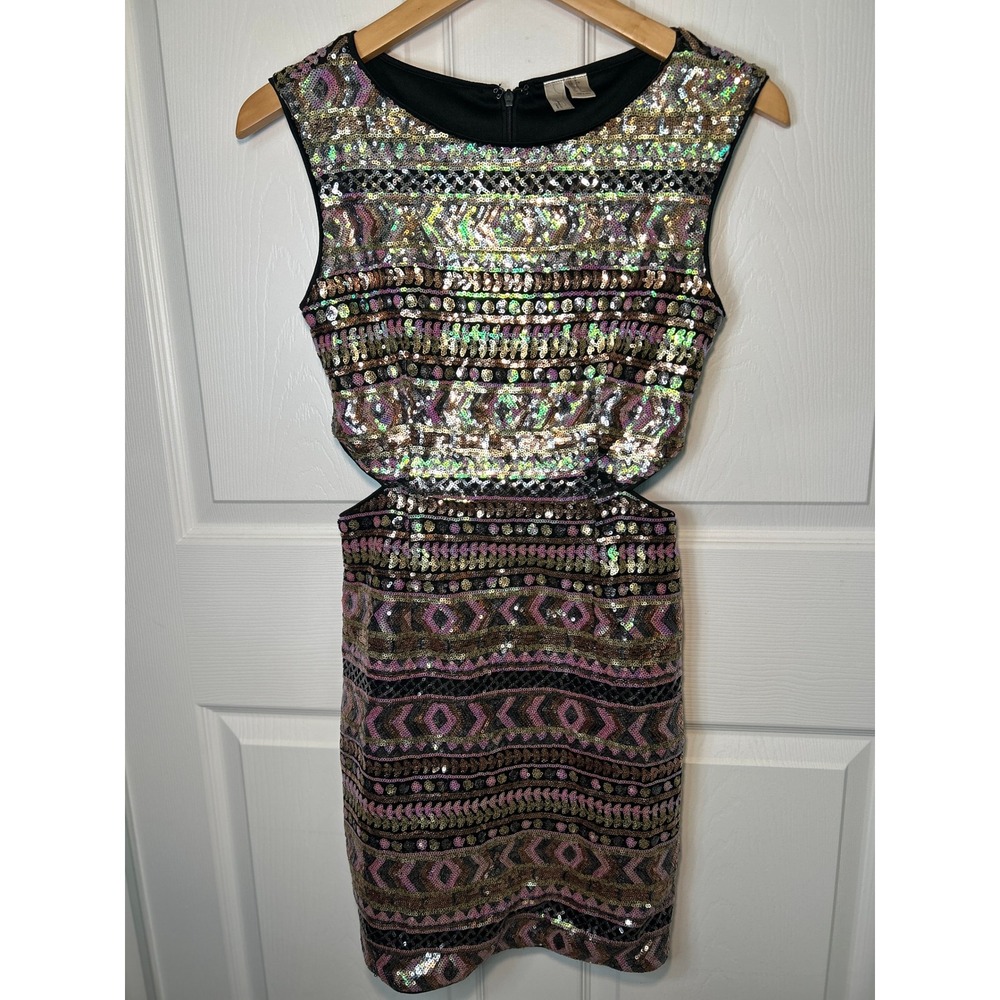 FOREVER 21 Sequin Cutout Dress‎ Black Geometric Sparkle Party Mini Small